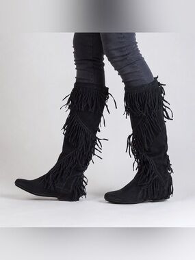 Sam Edelman Black Suede Over the Knee Fringe Boots Size 8.5